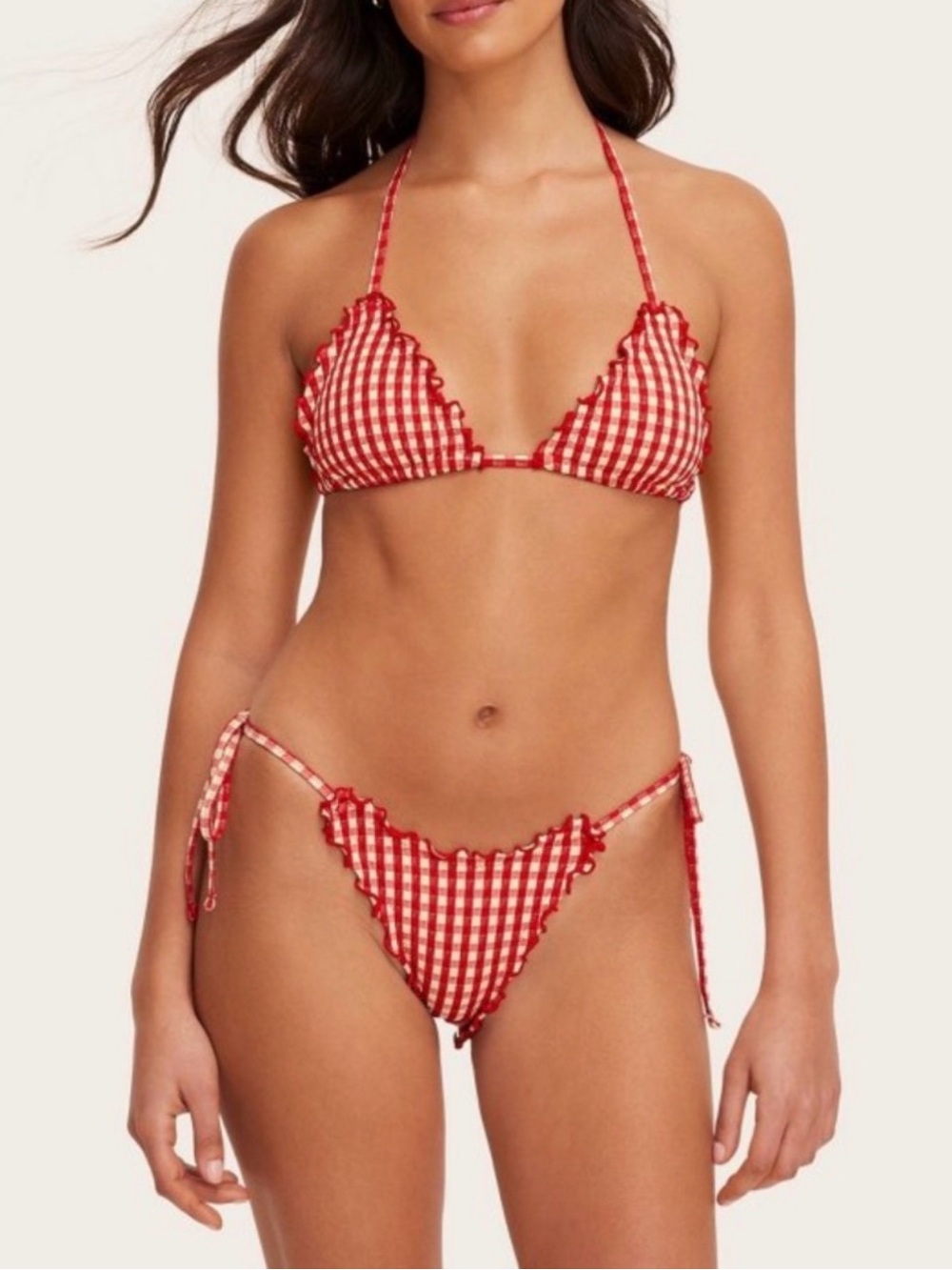 Women’s lettuce edge string bikini bottom - Red Gingham check - NWT - Size XS
